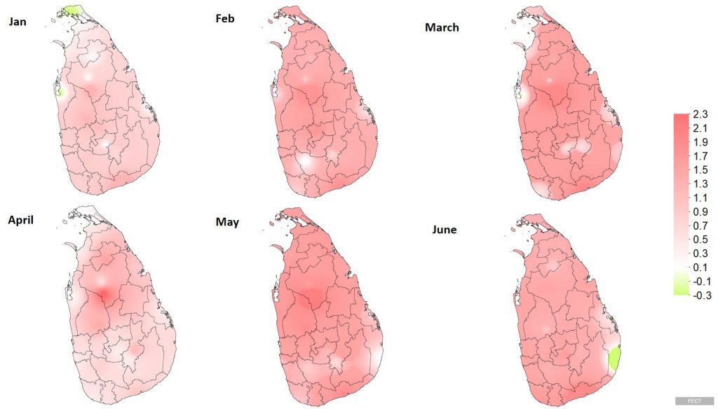 This image has an empty alt attribute; its file name is Monthly-Temperatures-Anomalies-of-Sri-Lanka-for-the-First-6-Months-of-2019-1024x584.jpg